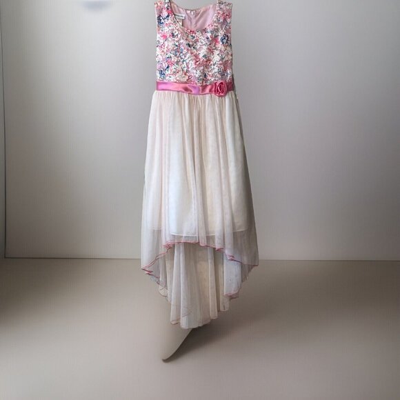 Girls BONNIE JEAN Pink Sleeveless Floral Appliqué Hi-Low Dress SZ 16 - Picture 1 of 9